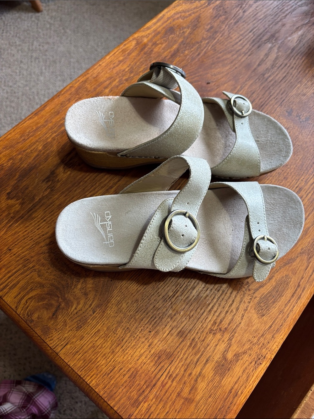 Dansko Beige Suede Double Buckle Slide Sandals